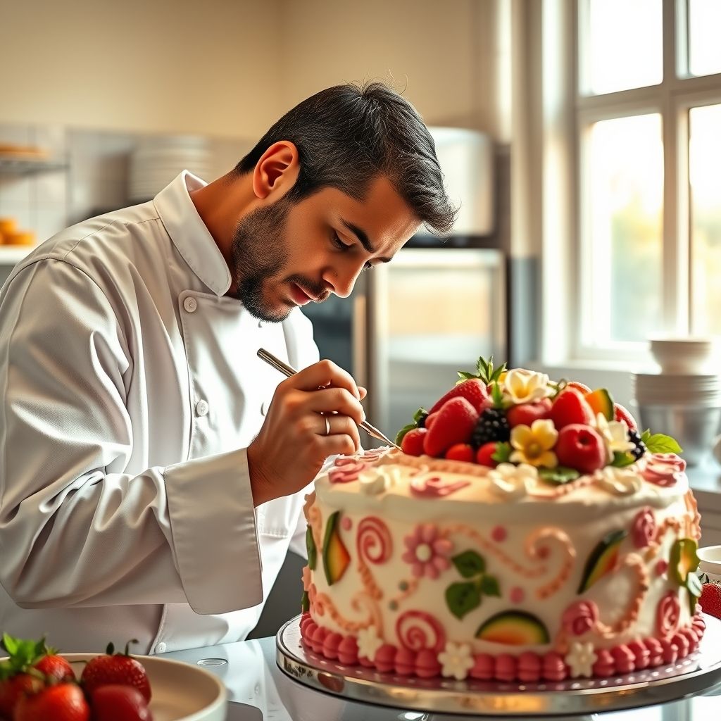 Pâtissier décorant un gâteau