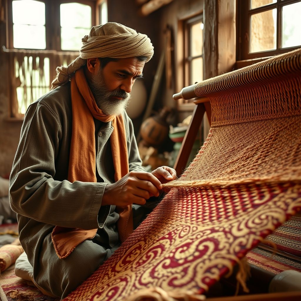 Artisan tissant un tapis à la main